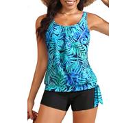 Yonique 2 Piece Swimsuit for Women Blouson Tankini Top with Shorts Tummy Control Bathing Suit, Blue Leaves, Medium