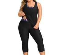 Yonique 3 Piece Plus Size Swimsuits for Women Tankini Tops with Sports Bra and Swim Capris Athletic Bathing Suits, Black & Flamingo, 26 Plus