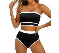 Yonique Bandeau Bikini Strapless Swimsuit - Two Piece High Waisted Bathing Suits, Black, Medium