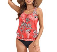 Yonique Blouson Tankini Swimsuits for Women Loose Fit Swim Tops Modest Racerback Swimwear Two Piece Bathing Suits - red - Small