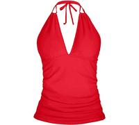 Yonique Ladies Women's Halter Tankini Top No Bottom V Neck Swim Top Tummy Control Bathing Suit Top, Chili Red, Medium