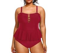 Yonique Plus Size Swimsuits for Women Tummy Control Two Piece Bathing Suits Peplum Tankini Tops High Waisted Swimwear, Bright Burgundy, 20 Plus