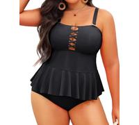Yonique Plus Size Swimsuits for Women Tummy Control Two Piece Bathing Suits Peplum Tankini Tops High Waisted Swimwear, Black, 28 More