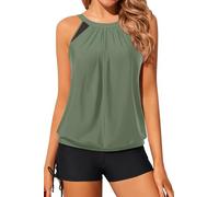 Yonique Tankini Swimsuits with Shorts - Tummy Control Two Piece Blouson Bathing Suits High Neck Swimwear, Olive Green, S