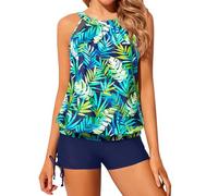 Yonique Tankini Swimsuits with Shorts - Tummy Control Two Piece Blouson Bathing Suits High Neck Swimwear, Blue Leaves, XL