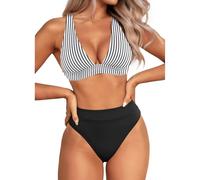 Yonique Thong Bikini Set High Waisted Two Piece Swimsuit High Cut Bikini V Neck Bathing Suit, Striped, Large