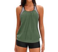 Yonique Two Piece Tankini Bathing Suits T-Back Blouson Swim Tops with Boy Shorts Women Swimsuits Sporty Swimwear, Army Green and Stripes, XXL