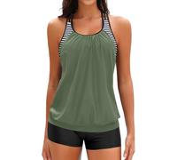 Yonique Two Piece Tankini Bathing Suits T-Back Blouson Swim Tops with Boy Shorts Women Swimsuits Sporty Swimwear, Army Green and Stripes, XXL