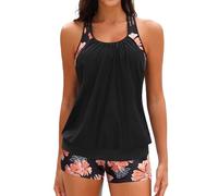 Yonique Two Piece Tankini Bathing Suits T-Back Blouson Swim Tops with Boy Shorts Women Swimsuits Sporty Swimwear, Black and Flowers, Medium