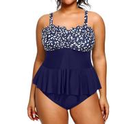 Yonique Women Plus Size 2 Piece Tankini Swimsuits Tummy Control Bathing Suits Peplum Swimwear Scalloped Swimsuits, Blue Polka Dot, 14 Plus