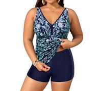 Yonique Womens Plus Size Swimsuits with Shorts Tummy Control Tankini Two Piece Bathing Suits Athletic Swimwear, Navy Blue Floral, 22 Plus