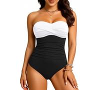 Yonique Womens Strapless One Piece Swimsuit Tummy Control Bandeau Bathing Suits Slimming Twist Front Swimwear, White & Black, Large