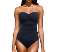 Yonique Womens Strapless One Piece Swimsuit Tummy Control Bandeau Bathing Suits Slimming Twist Front Swimwear, Black1, Medium