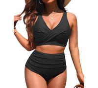 Yonique Women's Two Piece High Waisted Bikini Set Tummy Control Swimsuit Full Coverage Bathing Suit, Black, X-Small