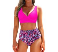 Yonique Women's Two Piece High Waisted Bikini Set Tummy Control Swimsuit Full Coverage Bathing Suit, Pink Floral, Large