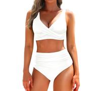 Yonique Women's Two Piece High Waisted Bikini Set Tummy Control Swimsuit Full Coverage Bathing Suit, White, Medium
