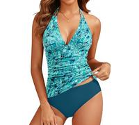 Yonique Womens Two Piece Swimsuits Tummy Control Tankini Plus Size Bathing Suit Halter V Neck Swimwear, Green Paisley, Medium