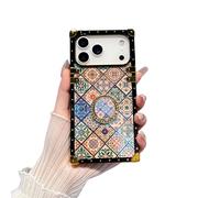 YonMeet Rectangle Retro Blue Ray Phone Case for iPhone 17 Pro with Glitter Ring Holder Indian Hippie Art Flower Bohemian Checkered Shockproof Cover(Totem,for iPhone 17 Pro 6.3'')