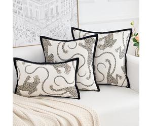 Yonous PREMIUM SERIES Snow Leopard Cushion Covers, Animal Jacquard Throw Pillow for Home Decor, Chenille Velvet Double-Sided Designs, Cream White, 20 x 20 inch / 50 x 50 cm, Covers Only