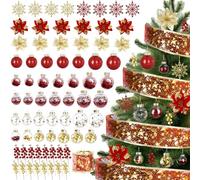 YONTINY Christmas Tree Baubles - 72pcs Red & Gold Ornaments with Snowflakes, Poinsettia, Glitter & Berry Stems