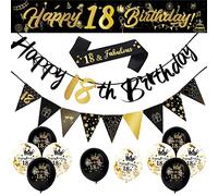Yontree 14-Piece 18th Birthday Decoration Kit, Gold & Black Theme, Includes 9ft Banner, Birthday Strap, Bunting, Balloons