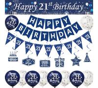 Yontree 21st Birthday Decorations - Blue Silver Banner, Bunting, Flags, Swirls, Balloons for Boys' 21st Party