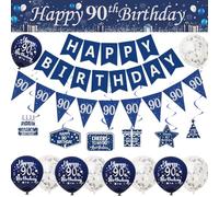 Yontree 90th Happy Birthday Decorations Blue Silver, 9ft Banner, Hanging Swirls, Birthday Bunting, Triangular Flags, Confetti Latex Balloons, Blue Balloons
