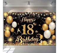 Yontree Happy 18th Birthday Banner - Gold 1.1 x 1.8m, Backdrop for Boys & Girls, 18 Years Old Birthday Party Supplies (Black & Gold)