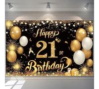 Yontree Happy 21st Birthday Banner - Gold 1.1 x 1.8m Backdrop for Boys & Girls, 21 Years Old Anniversary Party Supplies (Black & Gold)