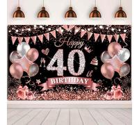 Yontree Happy 40th Birthday Banner 180 * 110cm Black Rose Happy 40th Birthday Banner Backdrop 40th Birthday Decorations for Girls Women, 40 Years Old Birthday Anniversary Party Supplies