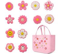 Yonuni 12pcs Pink Flower Charms for Bogg Bag, Rubber Beach Bag Accessories for Original All Models, PVC Rubber Tote Charms Insert Decorative for Boy Girl Women