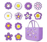 Yonuni 12pcs Purple Flower Charms for Bogg Bag, Rubber Beach Bag Accessories for Original All Models, PVC Rubber Bogg Charms Insert Decorative for Boy Girl Women