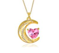 YONVUN Crystal Zircon Moon Heart Pendant Crescent Necklace | Plated 18k Gold Gemstone Birthstone Statement Planet Diamond Jewelry Gift for Wife Mom Daughter Girlfriend