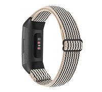 YONWORTH Adjustable Elastic Nylon Watch Band Compatible with Fitbit Charge 4/Charge 3/SE Bands, Stretch Breathable Nylon Sport Solo Loop Strap Soft Replacement Wristband for Women Men (Beige Stripe)