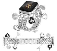 YONWORTH Cuban Chain Band Compatible with Apple Watch 42/44/45 46 49mm Women,Bling Diamond Chain Metal Band Cute Charms Pendants for iWatch Series 10 9 8 7 6 5 4 3 SE Ultra (A13-Silver Black, 49MM)