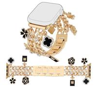 YONWORTH Cuban Chain Band Compatible with Apple Watch 42/44/45 46 49mm Women,Bling Diamond Chain Metal Wristband Cute Charms Pendants for iWatch Series 10 9 8 7 6 5 4 3 SE Ultra (A1-Gold Black, 49MM)