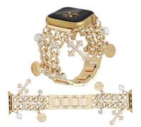 YONWORTH Cuban Chain Band Compatible with Apple Watch Bands 38/40/41mm Women,Bling Diamond Chain Dressy Metal Wristband Cute Charms Pendants for iWatch Series 10 9 8 7 6 5 4 3 SE (A12-Pearl Gold, 38MM