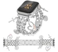 YONWORTH Cuban Chain Band Compatible with Apple Watch Bands 38/40/41mm Women,Bling Diamond Chain Dressy Metal Wristband Cute Charms Pendants for iWatch Series 10 9 8 7 6 5 4 3 SE (A9-Silver Silver