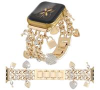 YONWORTH Cuban Chain Band Compatible with Apple Watch Bands 38/40/41mm Women,Bling Diamond Chain Dressy Metal Wristband Cute Charms Pendants for iWatch Series 10 9 8 7 6 5 4 3 SE (A10-Shiny Gold, 38MM