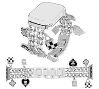 YONWORTH Cuban Chain Band Compatible with Apple Watch Bands 38/40/41Women,Bling Diamond Chain Dressy Metal Wristband Cute Charms Pendants for iWatch Series 10 9 8 7 6 5 4 3 SE (A3-Silver Black, 38MM)