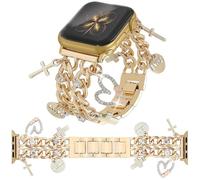 YONWORTH Cuban Chain Band Compatible with Apple Watch Bands 42/44/45 46 49mm Women,Bling Diamond Chain Metal Wristband Cute Charms Pendants for iWatch Series 10 9 8 7 6 5 4 3 SE Ultra(A8-Gold Gold