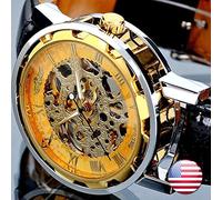 YONY Fashion Winner Black Leather Band Stainless Steel Skeleton Mechanical Watch For Men Gold Mechanical Wrist Watch Luxury Brand-Gold