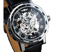 YONY Fashion Winner Black Leather Band Stainless Steel Skeleton Mechanical Watch For Men Gold Mechanical Wrist Watch Luxury Brand-Silver