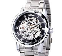 YONY Fashion Winner Black Leather Band Stainless Steel Skeleton Mechanical Watch For Men Gold Mechanical Wrist Watch Luxury Brand-steel black silver