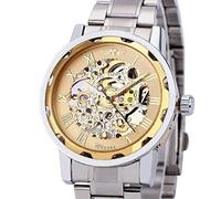 YONY Fashion Winner Black Leather Band Stainless Steel Skeleton Mechanical Watch For Men Gold Mechanical Wrist Watch Luxury Brand-steel gold