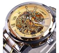 YONY Fashion Winner Black Leather Band Stainless Steel Skeleton Mechanical Watch For Men Gold Mechanical Wrist Watch Luxury Brand-gold steel 2