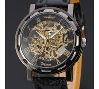 YONY Fashion Winner Black Leather Band Stainless Steel Skeleton Mechanical Watch For Men Gold Mechanical Wrist Watch Luxury Brand-black gold