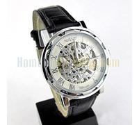 YONY Fashion Winner Black Leather Band Stainless Steel Skeleton Mechanical Watch For Men Gold Mechanical Wrist Watch Luxury Brand-White