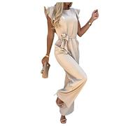 YonYeHong Women's Jumpsuit Solid Color Ruffles Playsuit Waist Tie Casual Romper Women's Apparel Overall Beige
