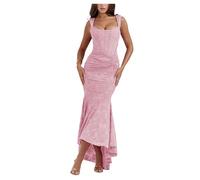 YonYeHong Women's Printed Suspender Dresses Tube Top Backless Fishtail Dress Solid Color Long Skirt Pink